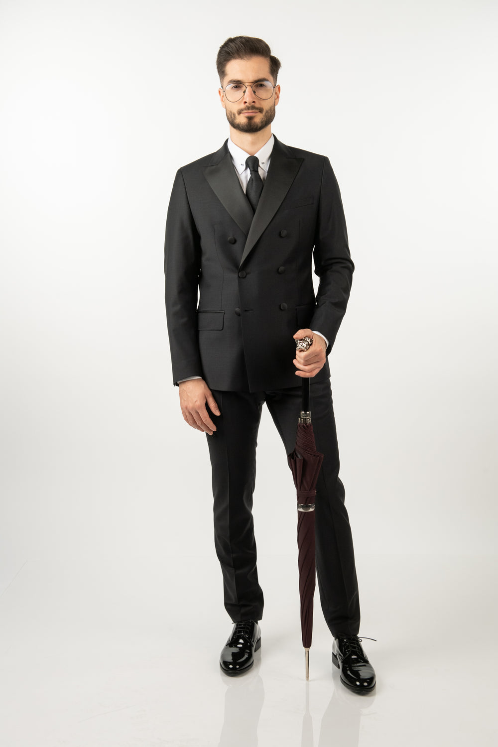 Costum Bărbați Negru de Ceremonie la Două Rânduri de Nasturi