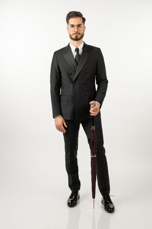 Costum Bărbați Negru de Ceremonie la Două Rânduri de Nasturi