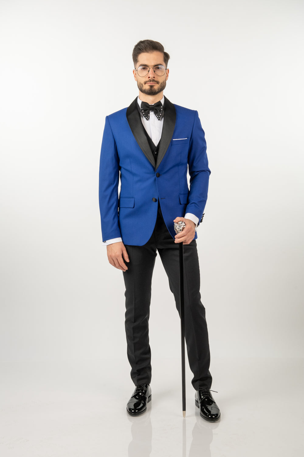 Costum Ceremonie - Albastru Cu Rever Detașabil Negru (2 nasturi)