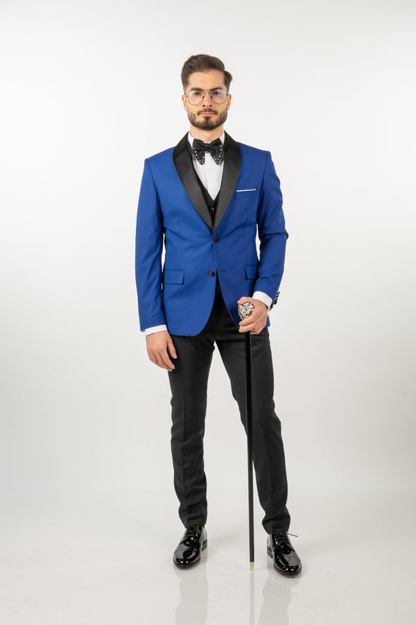 Costum Ceremonie - Albastru Cu Rever Detașabil Negru (2 nasturi)
