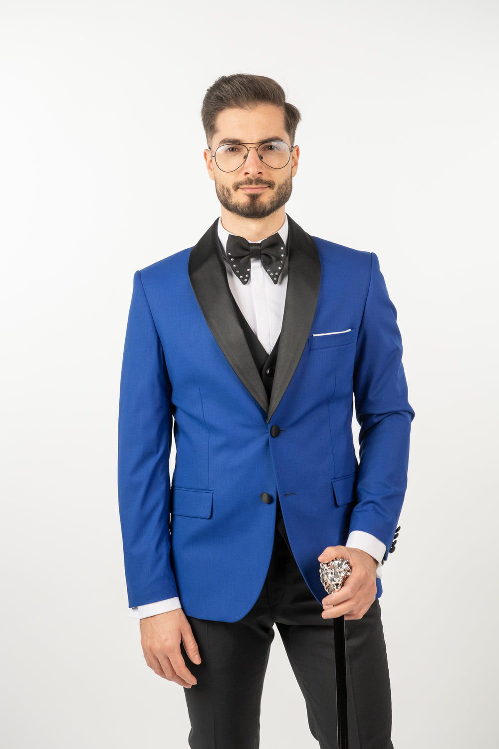 Costum Bărbați Albastru de Ceremonie cu Rever Detașabil Negru în Trei Piese