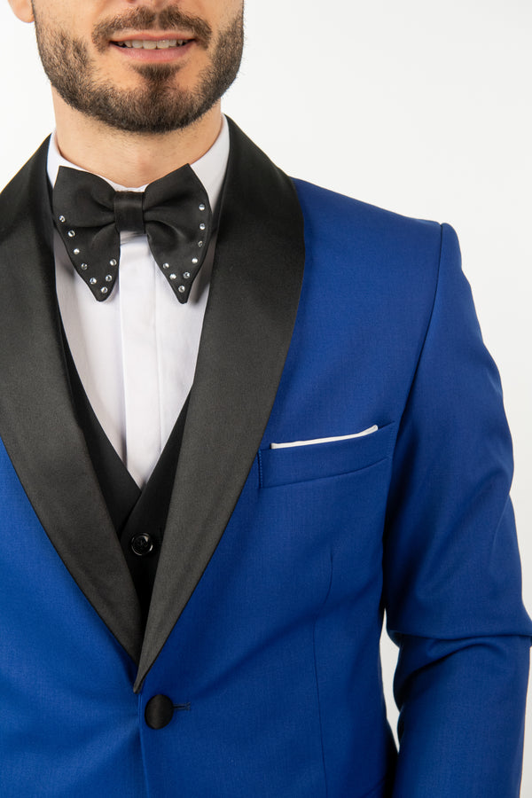 Costum Ceremonie - Albastru Cu Rever Detașabil Negru (2 nasturi)