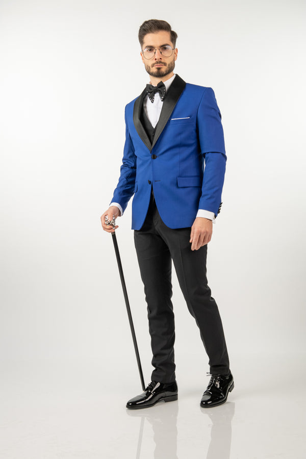 Costum Ceremonie - Albastru Cu Rever Detașabil Negru (2 nasturi)