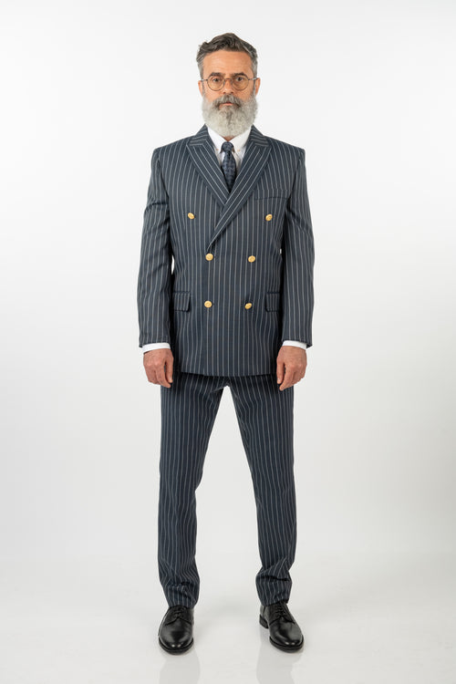 Costum Bărbați Bleumarin-Antracit cu Dungi Albe la Două Rânduri de Nasturi