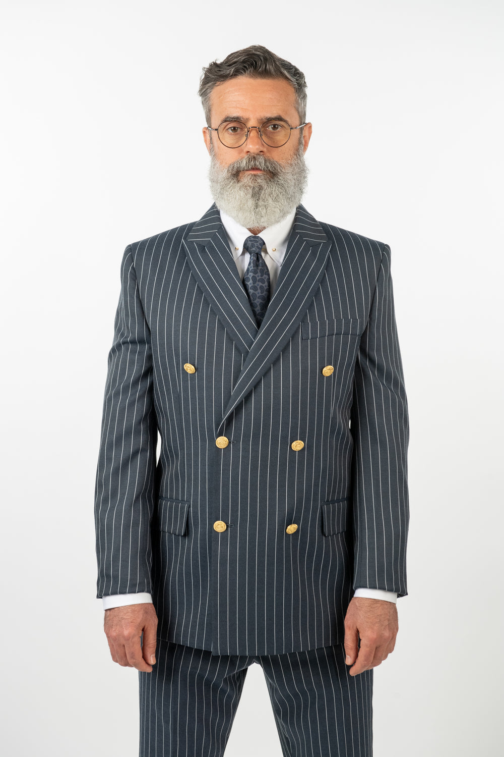 Costum Bărbați Bleumarin-Antracit cu Dungi Albe la Două Rânduri de Nasturi