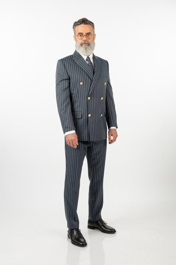 Costum 2 Rânduri Nasturi - Bleumarin-Antracit cu Dungi Albe