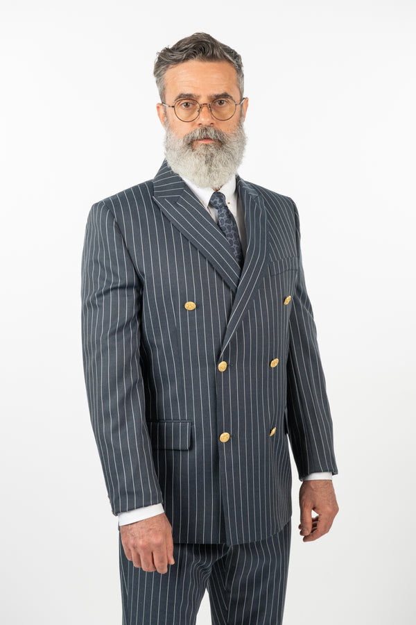 Costum 2 Rânduri Nasturi - Bleumarin-Antracit cu Dungi Albe