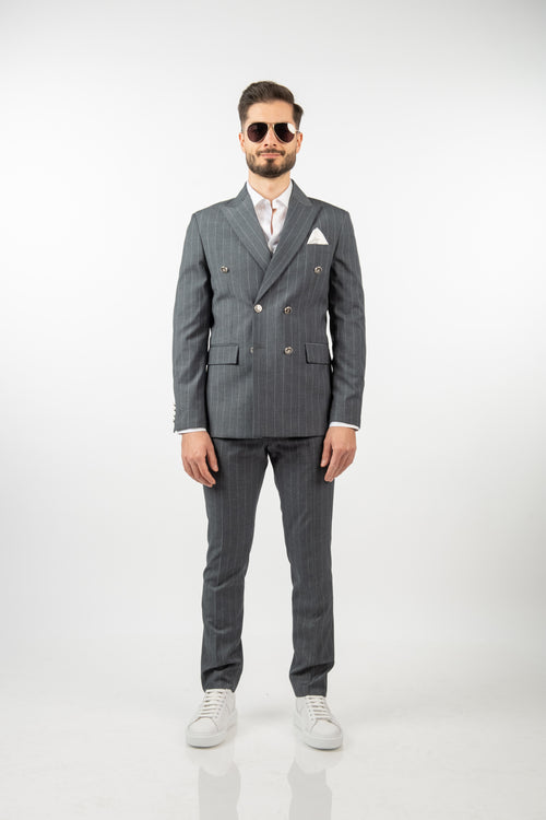 Costum Bărbați Gri cu Dungi Albe la Două Rânduri de Nasturi