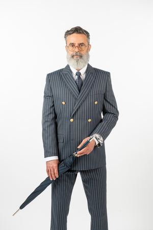 Costum 2 Rânduri Nasturi - Bleumarin-Antracit cu Dungi Albe
