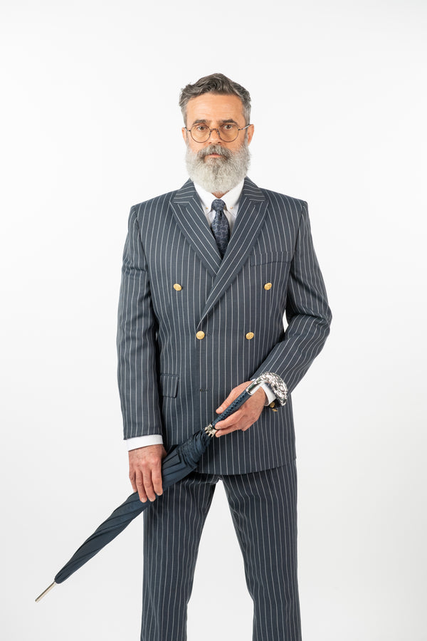 Costum 2 Rânduri Nasturi - Bleumarin-Antracit cu Dungi Albe