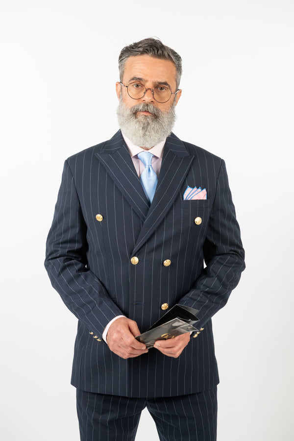Costum 2 Rânduri Nasturi - Negru cu Dungi Albe