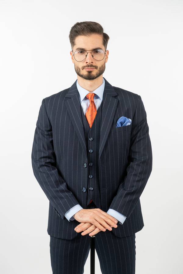 Costum Clasic Bărbați - Negru cu Dungi Albe din 3 Piese