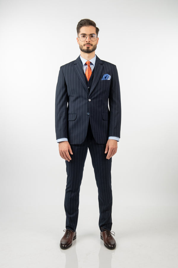Costum Clasic Bărbați - Negru cu Dungi Albe din 3 Piese