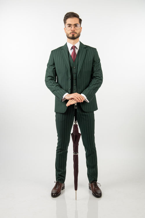 Costum Bărbați Verde cu Dungi din Lână în Trei Piese