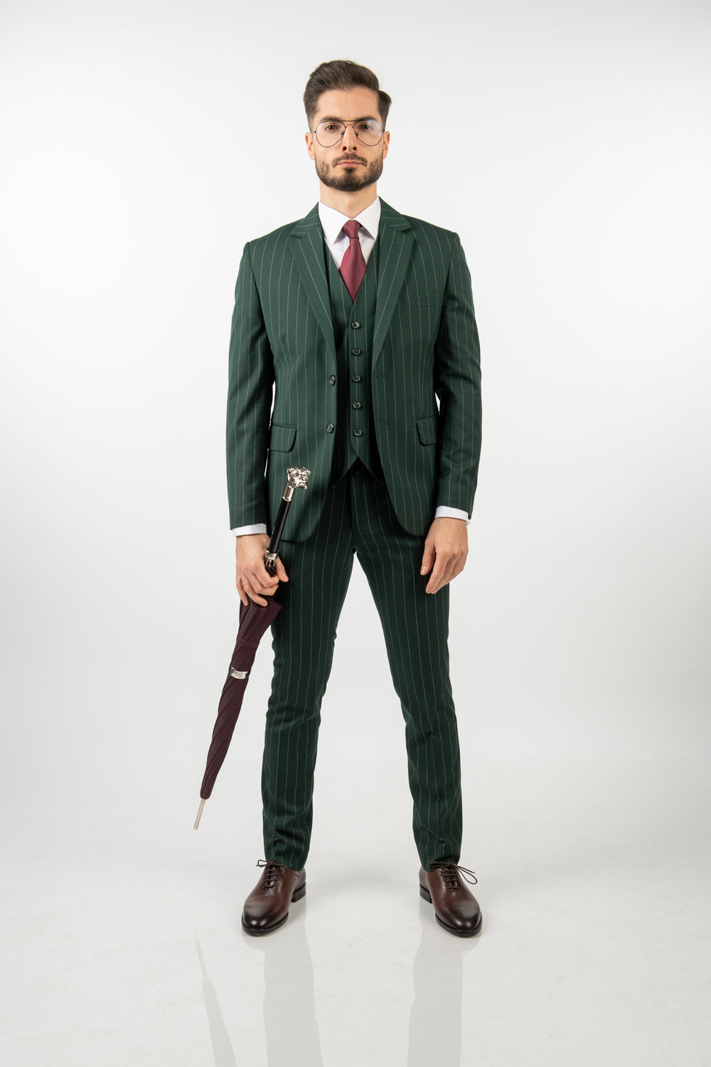 Costum Bărbați Verde cu Dungi din Lână în Trei Piese