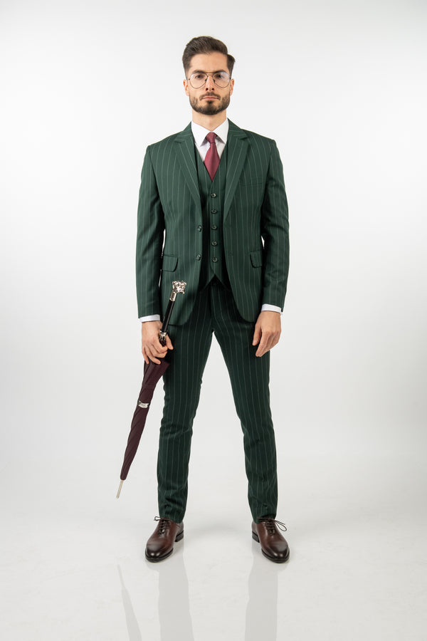 Costum Clasic Bărbați - Verde cu Dungi din 3 Piese