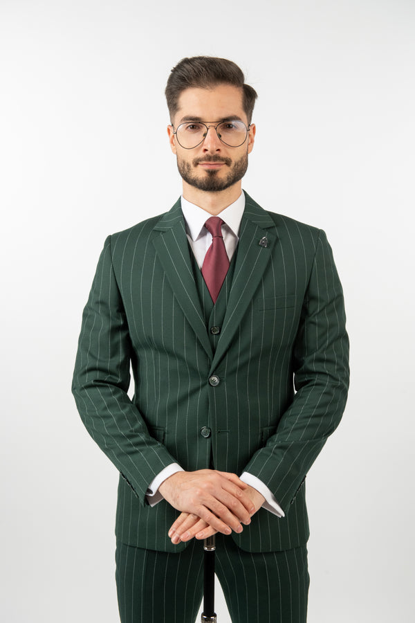 Costum Clasic Bărbați - Verde cu Dungi din 3 Piese