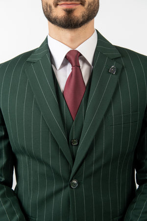 Costum Clasic Bărbați - Verde cu Dungi din 3 Piese
