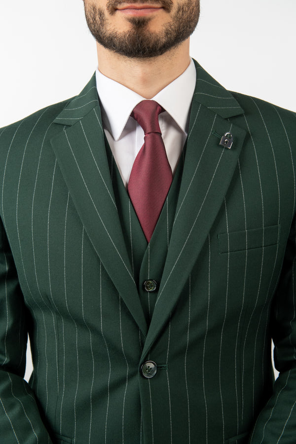 Costum Clasic Bărbați - Verde cu Dungi din 3 Piese