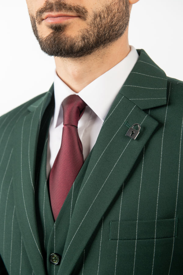 Costum Clasic Bărbați - Verde cu Dungi din 3 Piese