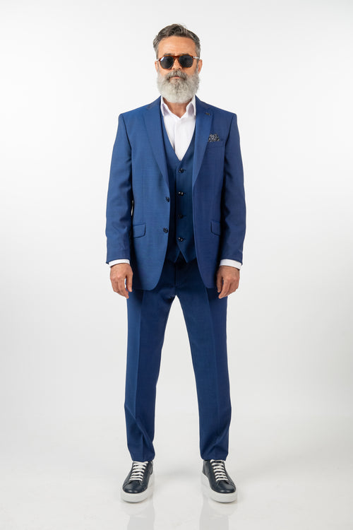 Costum Bărbați Albastru din Lână 100% în Trei Piese