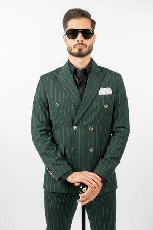 Costum 2 Rânduri Nasturi - Verde cu Dungi Albe