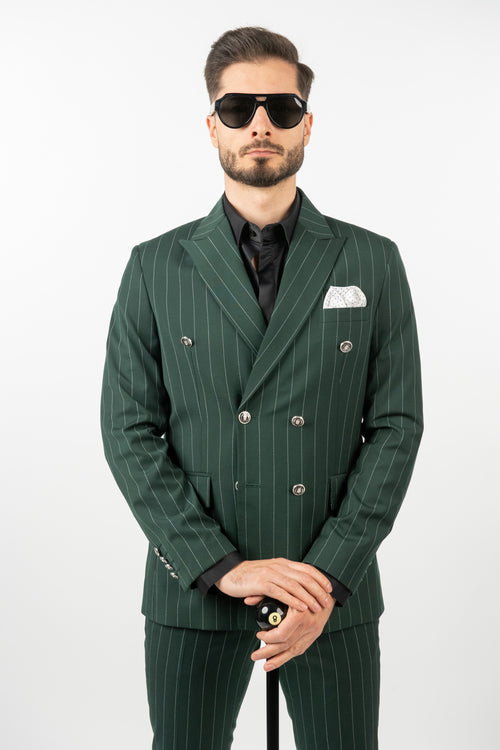 Costum Bărbați Verde cu Dungi Albe la Două Rânduri de Nasturi