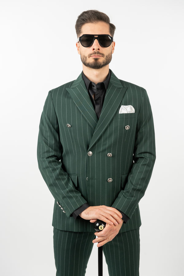 Costum 2 Rânduri Nasturi - Verde cu Dungi Albe