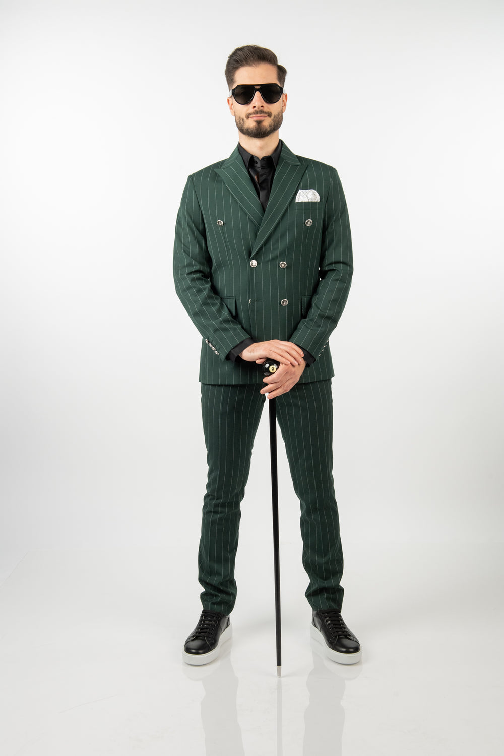 Costum Bărbați Verde cu Dungi Albe la Două Rânduri de Nasturi