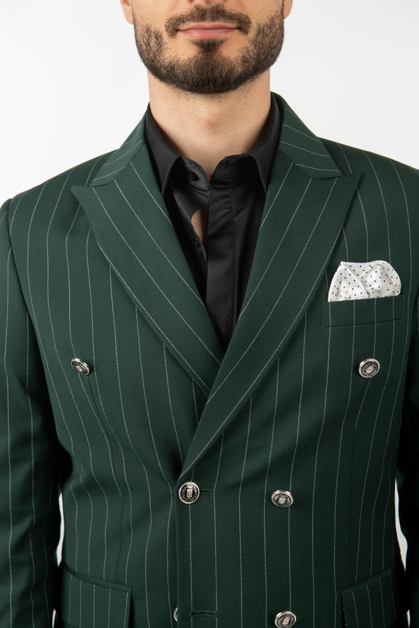 Costum 2 Rânduri Nasturi - Verde cu Dungi Albe