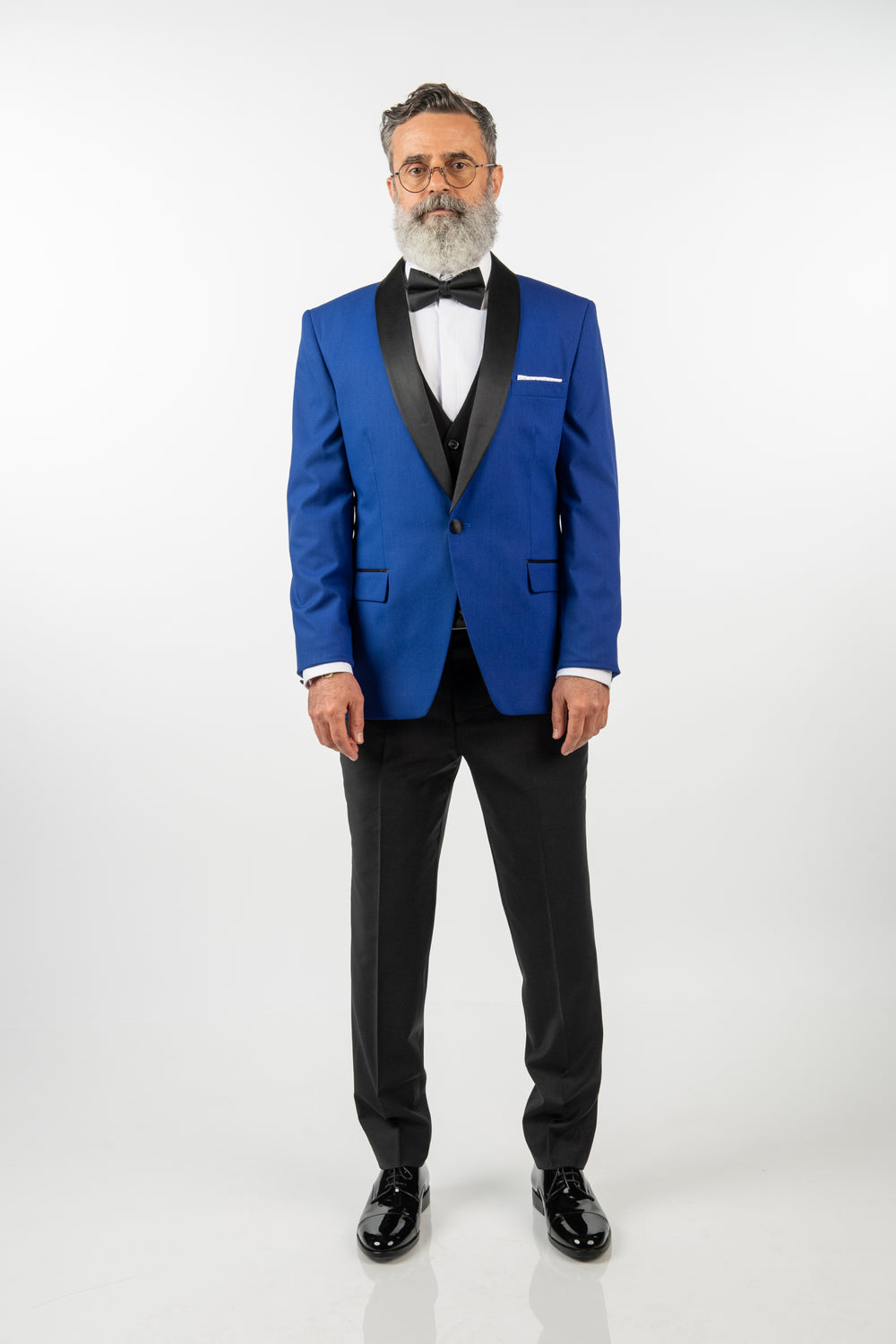 Costum Ceremonie - Albastru Cu Rever Negru (1 nasture)