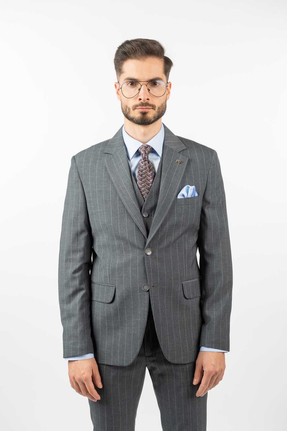 Costum Clasic Bărbați - Gri cu Dungi Albe din 3 Piese