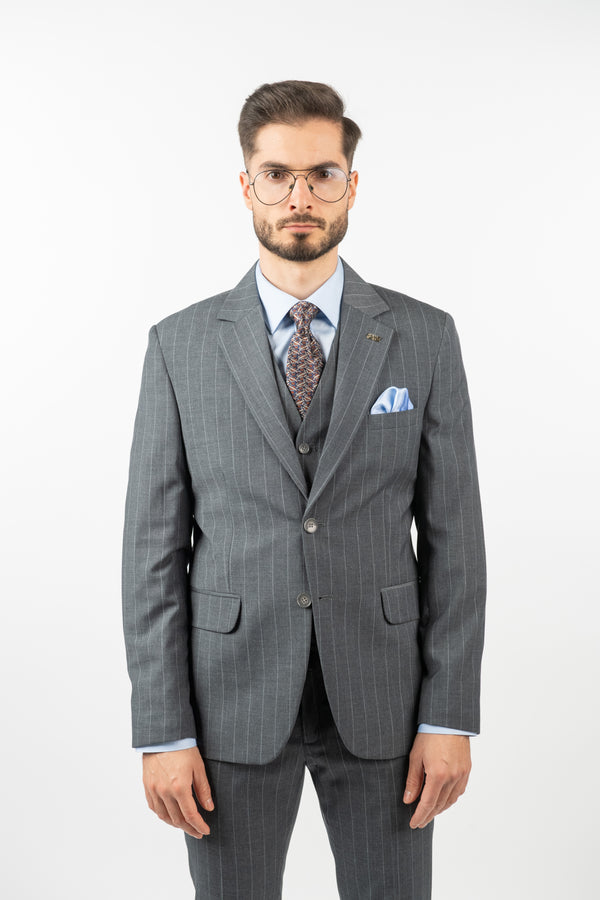 Costum Clasic Bărbați - Gri cu Dungi Albe din 3 Piese