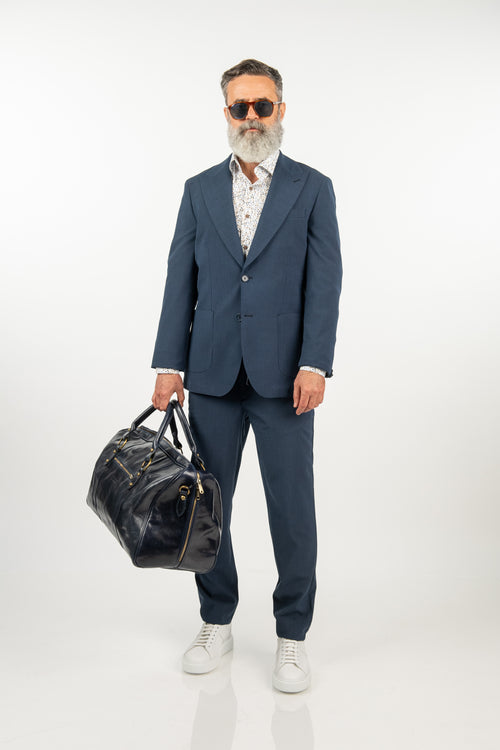 Costum Bărbați Bleu Creponat Elegant din Material Tehnic