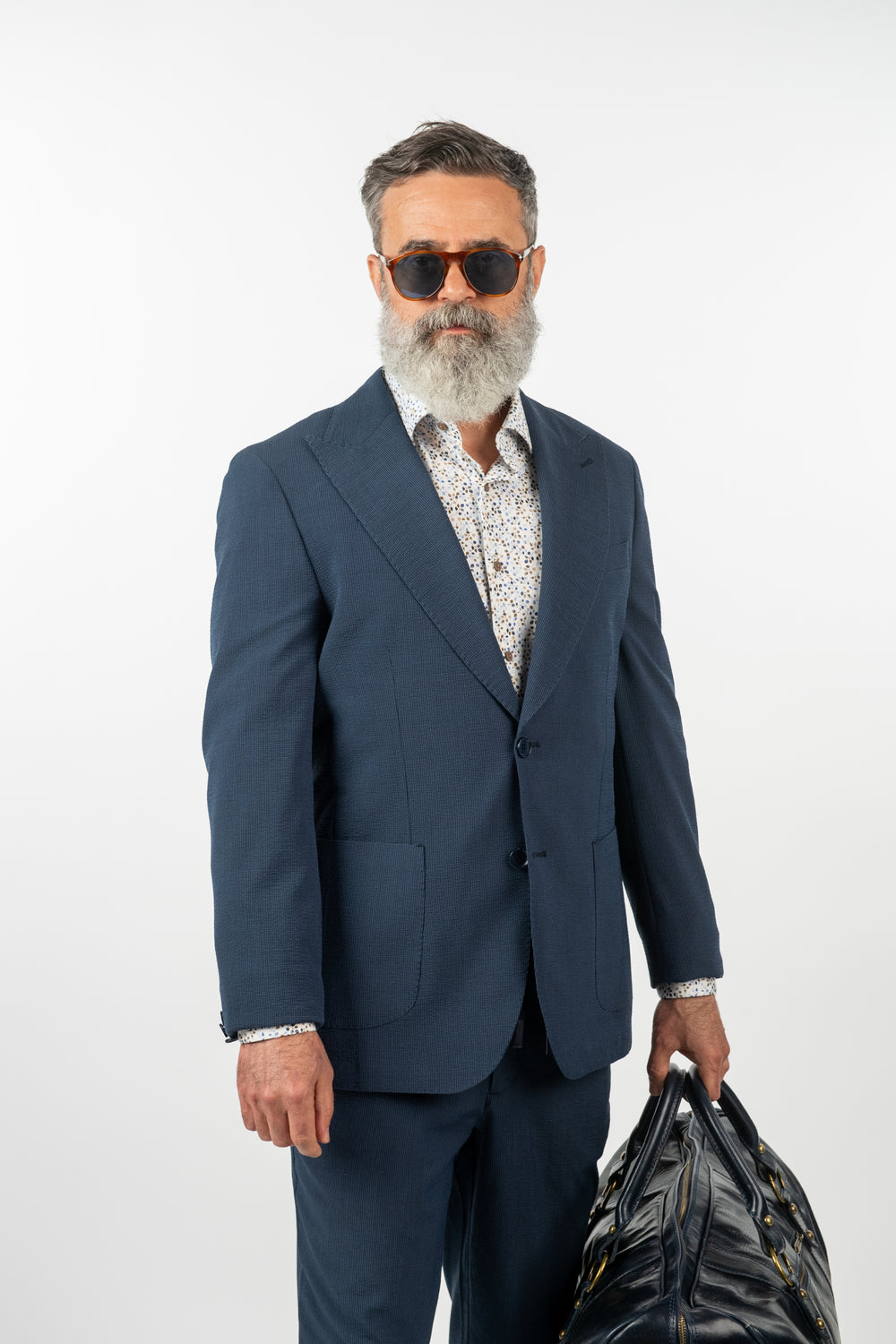 Costum Bărbați Bleu Creponat Elegant din Material Tehnic