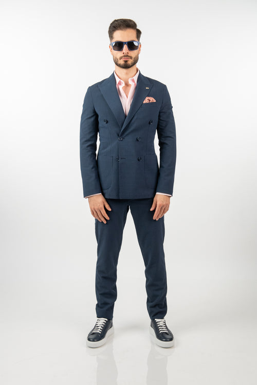 Costum Bărbați Bleumarin din Material Tehnic la Două Rânduri de Nasturi