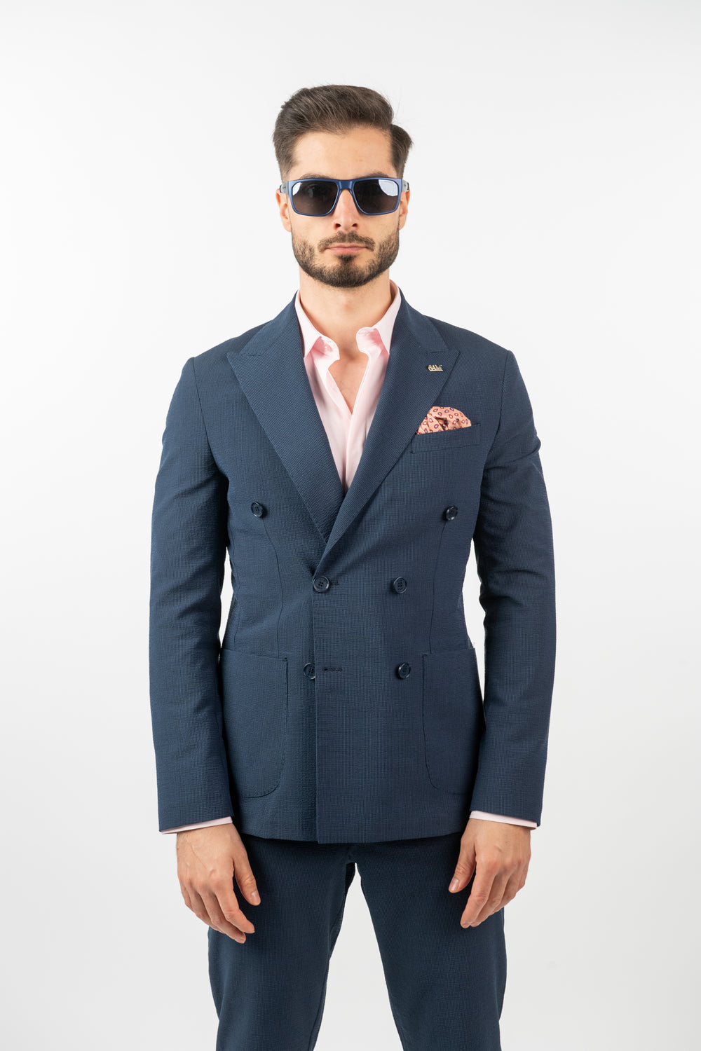 Costum Bărbați Bleumarin din Material Tehnic la Două Rânduri de Nasturi