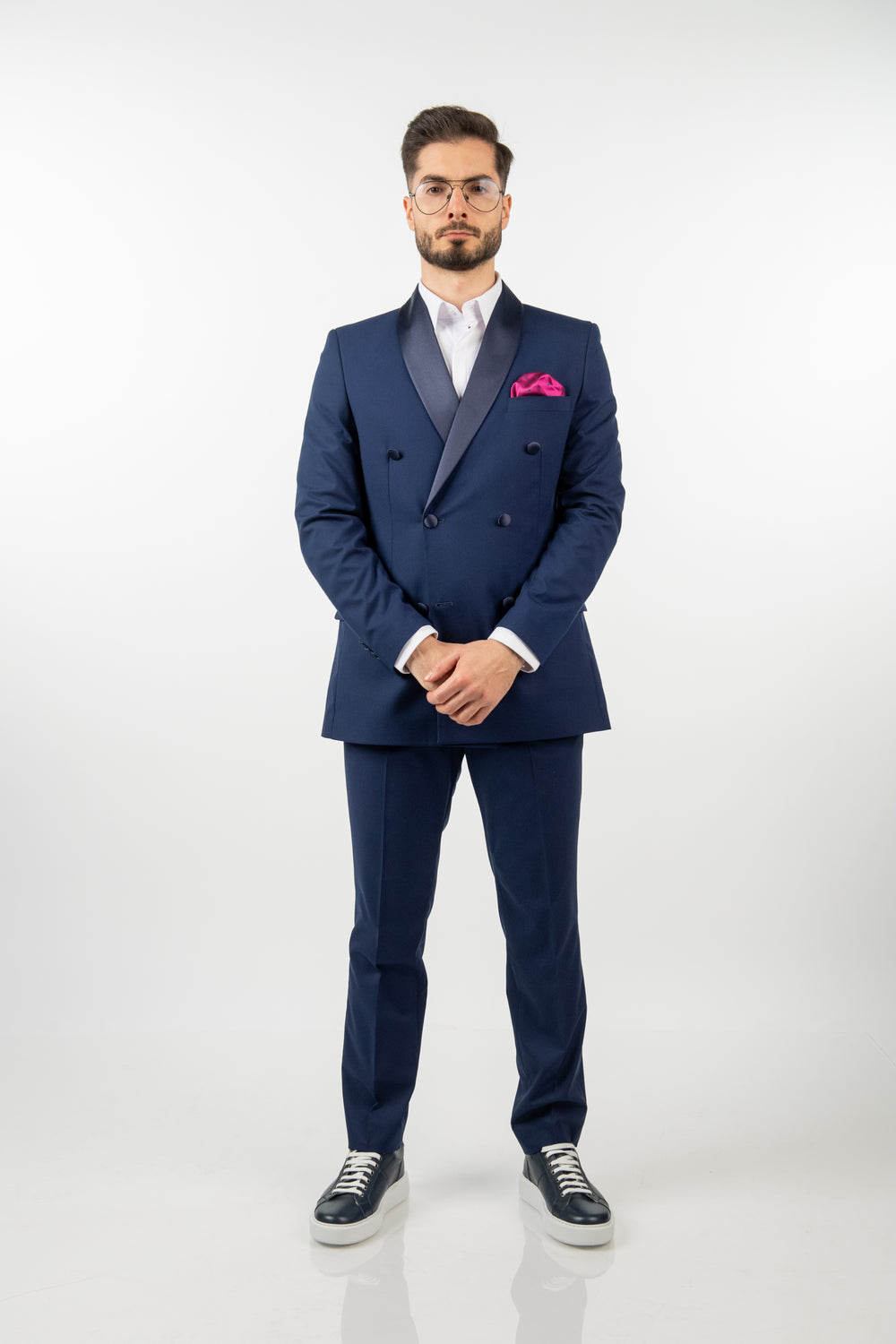 Costum 2 Rânduri Nasturi - Bleumarin cu Rever Satinat