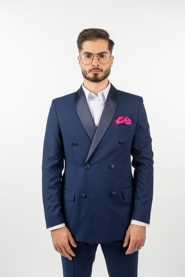 Costum 2 Rânduri Nasturi - Bleumarin cu Rever Satinat