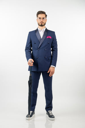 Costum 2 Rânduri Nasturi - Bleumarin cu Rever Satinat