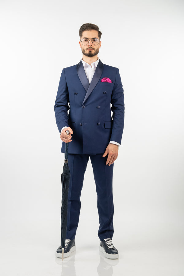 Costum 2 Rânduri Nasturi - Bleumarin cu Rever Satinat