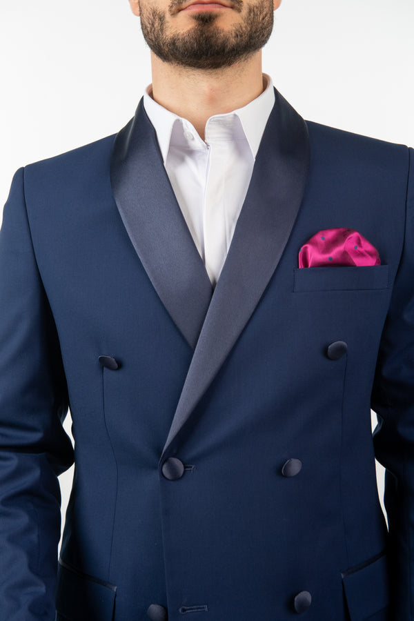 Costum 2 Rânduri Nasturi - Bleumarin cu Rever Satinat