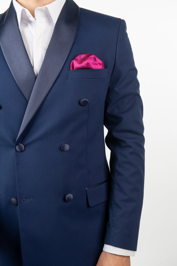 Costum 2 Rânduri Nasturi - Bleumarin cu Rever Satinat