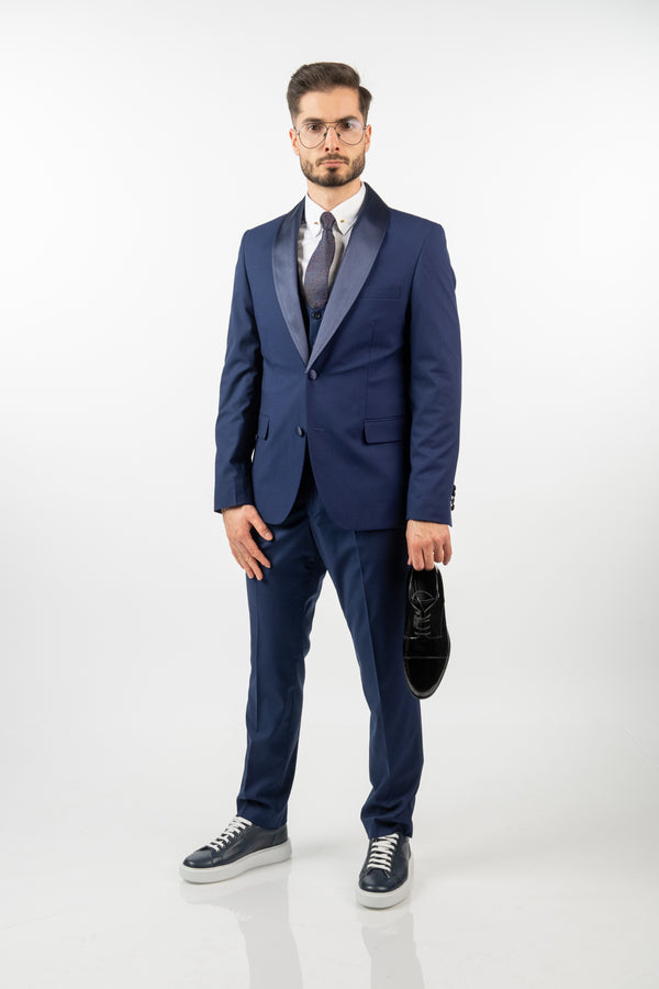 Costum Ceremonie - Bleumarin din 3 Piese cu Rever Detașabil