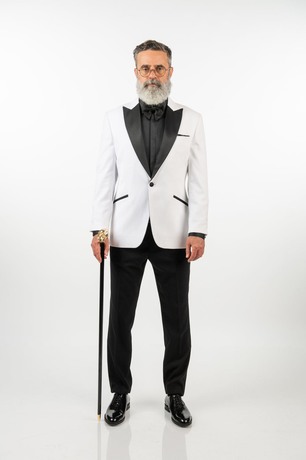 Costum Ceremonie - Alb cu Rever Negru