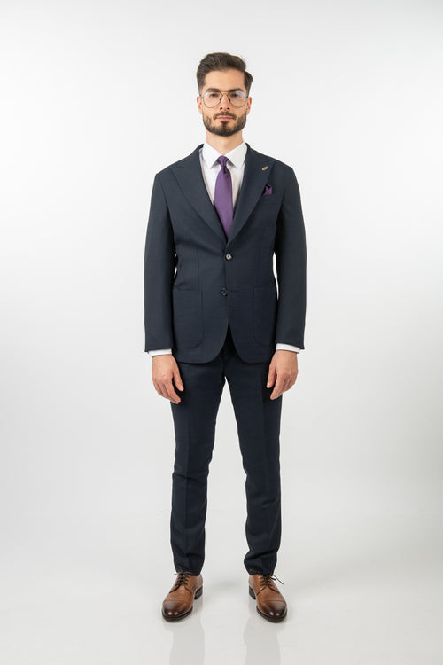 Costum Bărbați Bleumarin Texturat din Material Tehnic fără Căptușeală