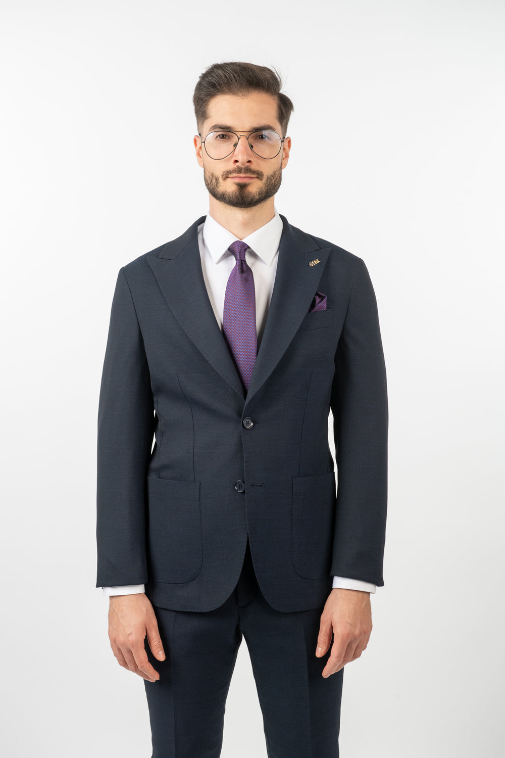 Costum Bărbați Bleumarin Texturat din Material Tehnic fără Căptușeală