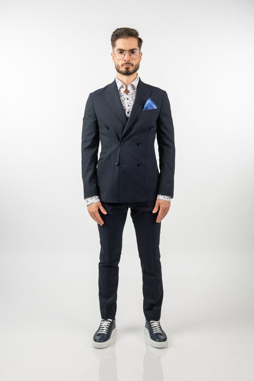 Costum Bărbați Bleumarin Texturat la Două Rânduri de Nasturi