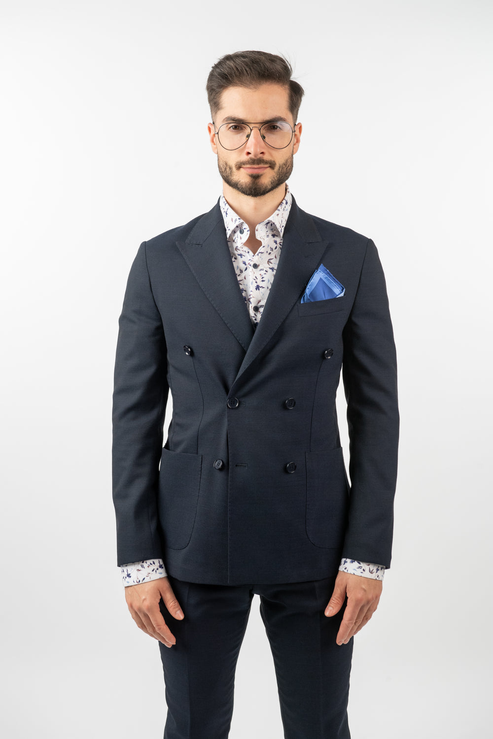 Costum Bărbați Bleumarin Texturat la Două Rânduri de Nasturi