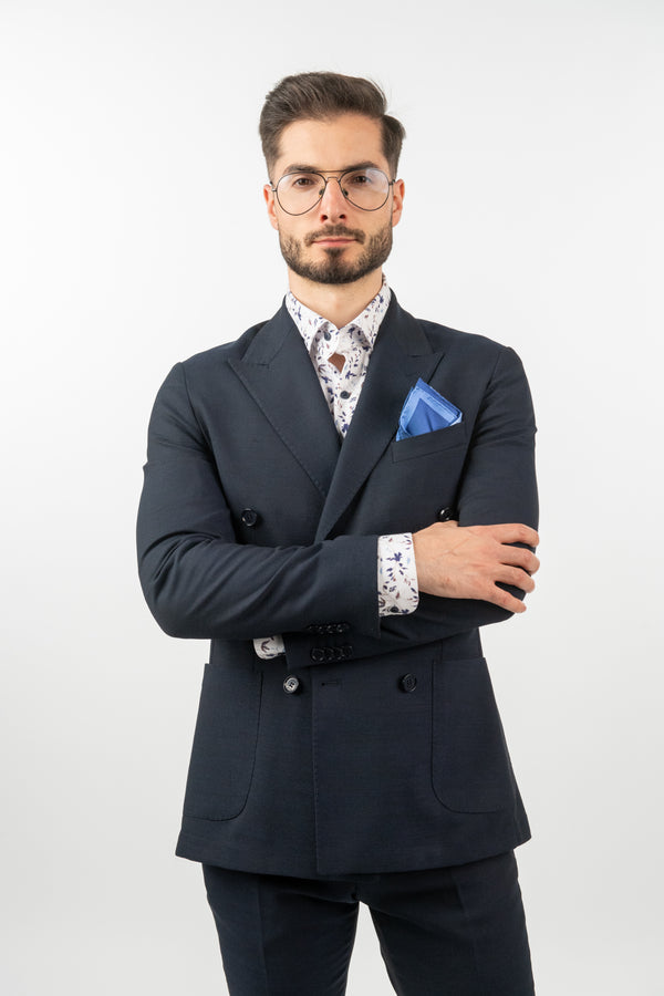 Costum Bărbați Bleumarin Texturat la Două Rânduri de Nasturi